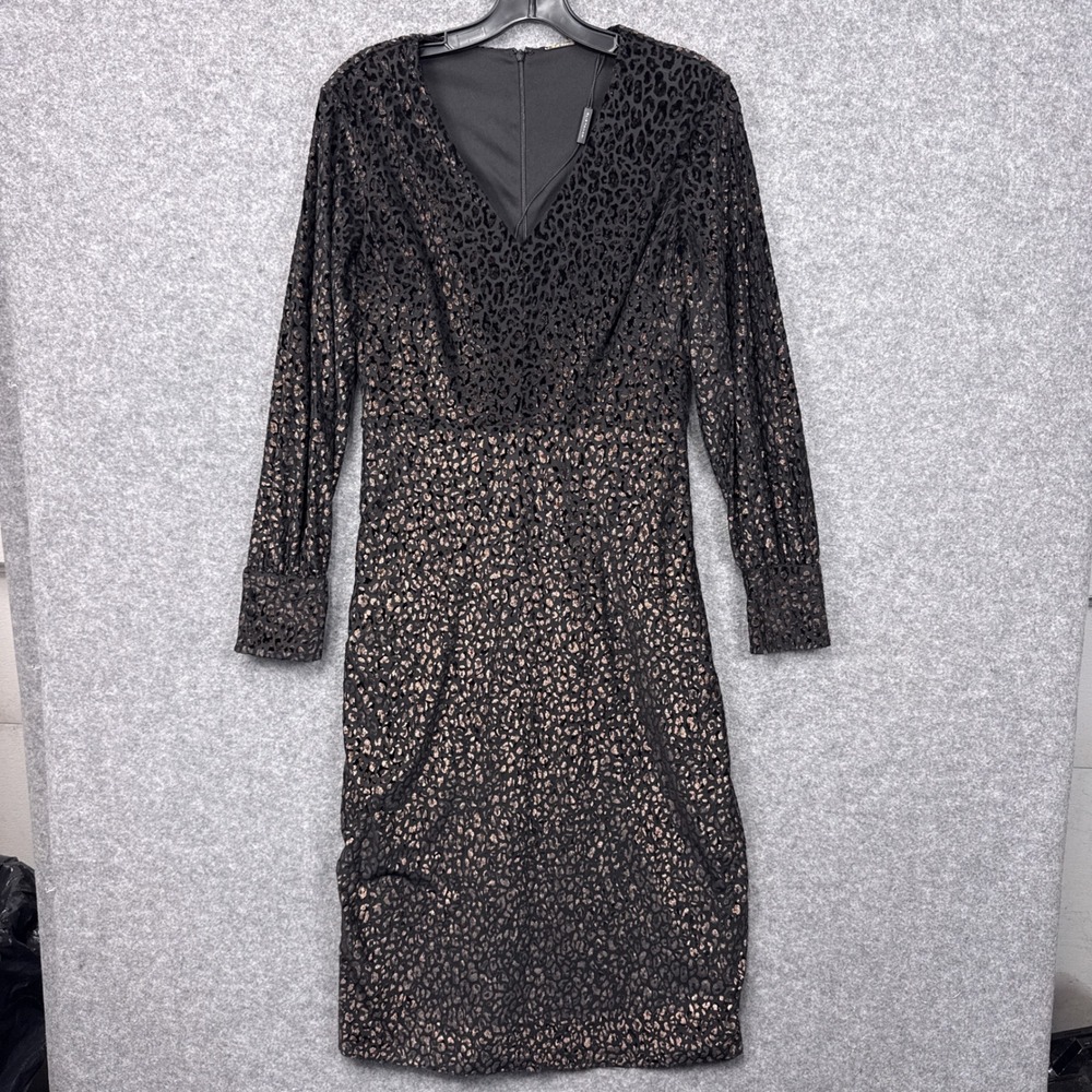 Elie Tahari Dress Size 8 Black Bronze Metallic Leopard Print Long Sleeve Sheath